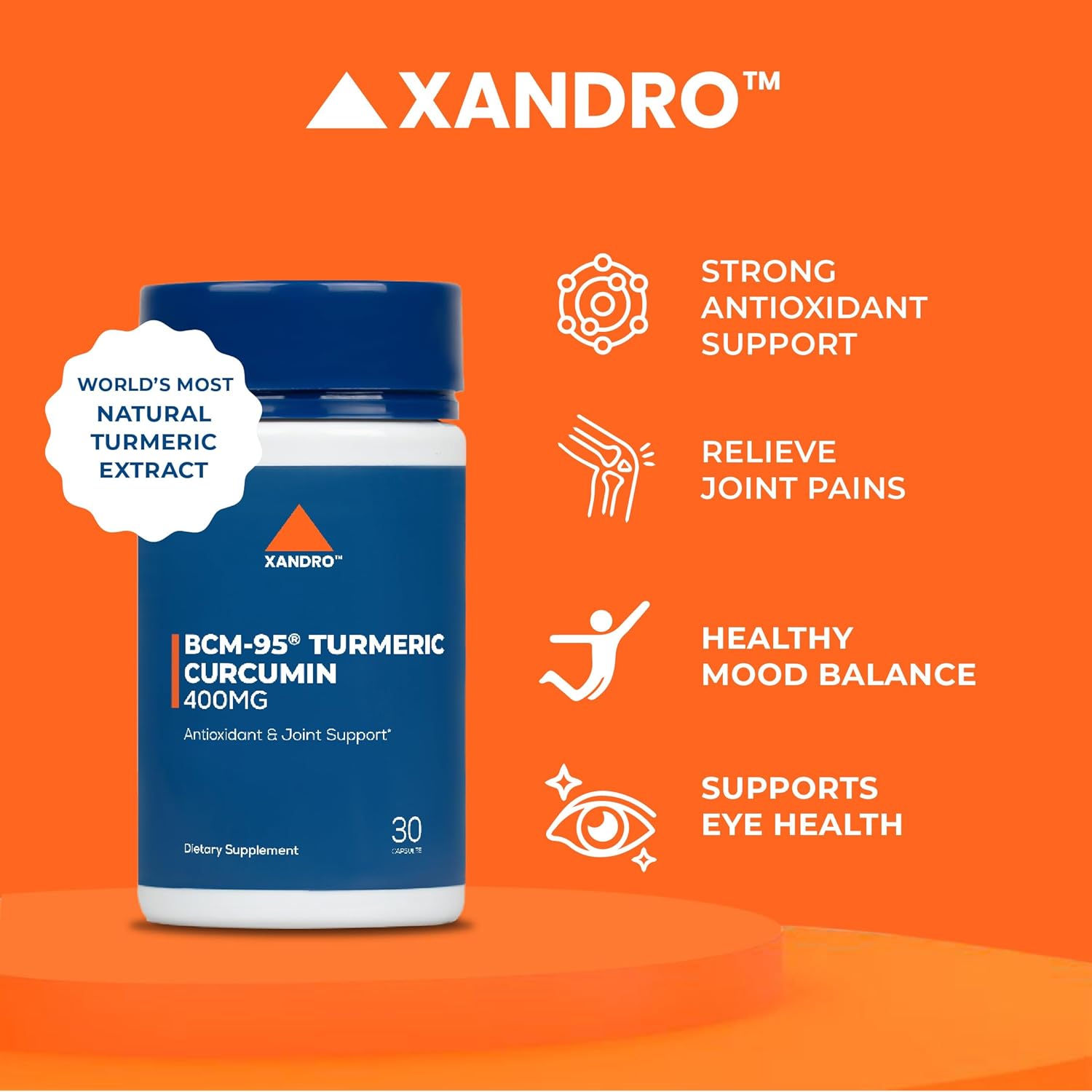 XANDRO BCM-95® Turmeric Curcumin Capsules - 400mg, 30 Count | Antioxidant & Joint Support | Vegan Formula