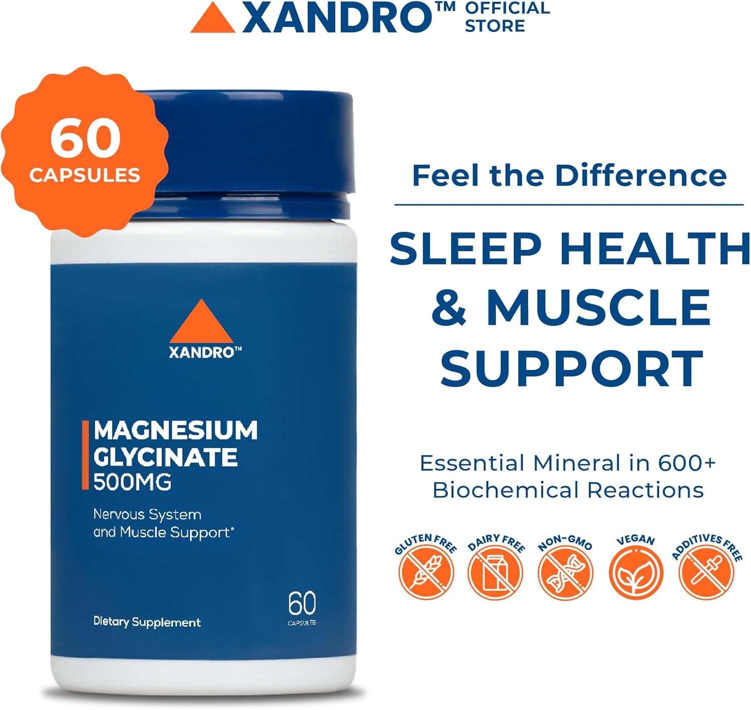 Xandrolab Magnesium Glycinate Capsules 500mg - Sleep and Stress Support - 60 Vegan Capsules