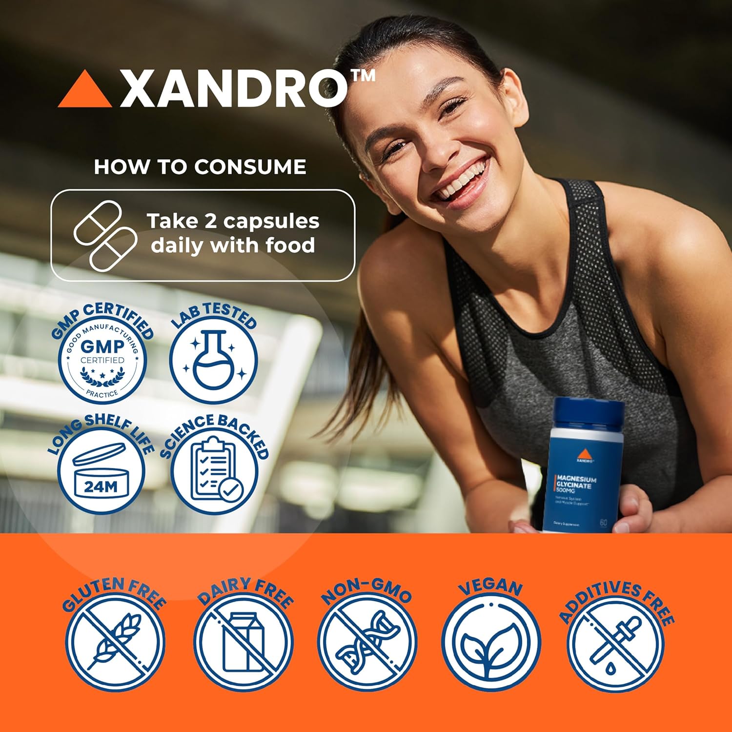 Xandrolab Magnesium Glycinate Capsules 500mg - Sleep and Stress Support - 60 Vegan Capsules
