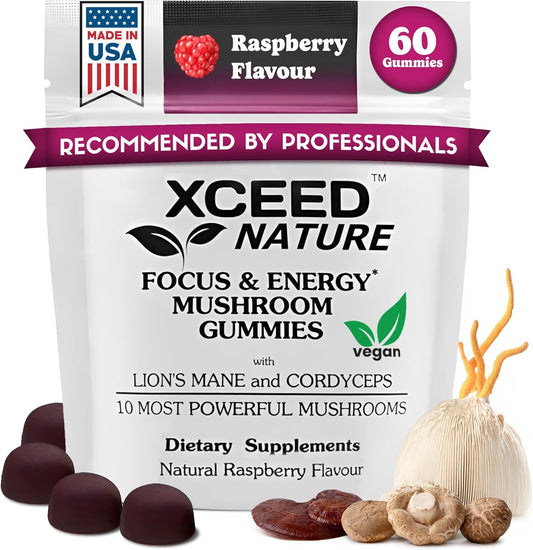 XCEED NATURE Lions Mane & Cordyceps Mushroom Gummies - 10in1 Supplement for Focus, Energy, Mood, Memory & Clarity - 60 Count