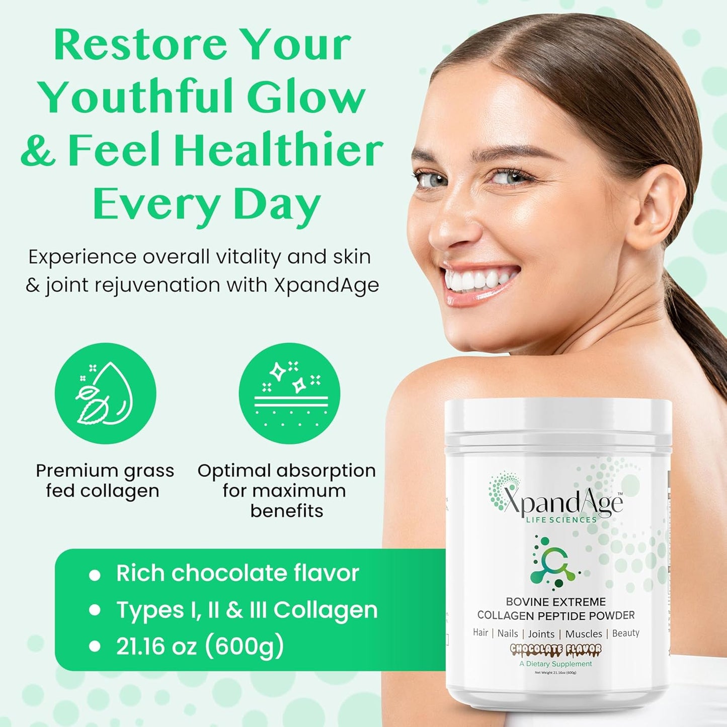 XpandAge Life Sciences Bovine Collagen Peptide Powder with Biotin, Pea, Guarana, and Safed Musli for Hair, Nails, Energy, Muscle, and Joint Health - Bitter Chocolate Flavor
