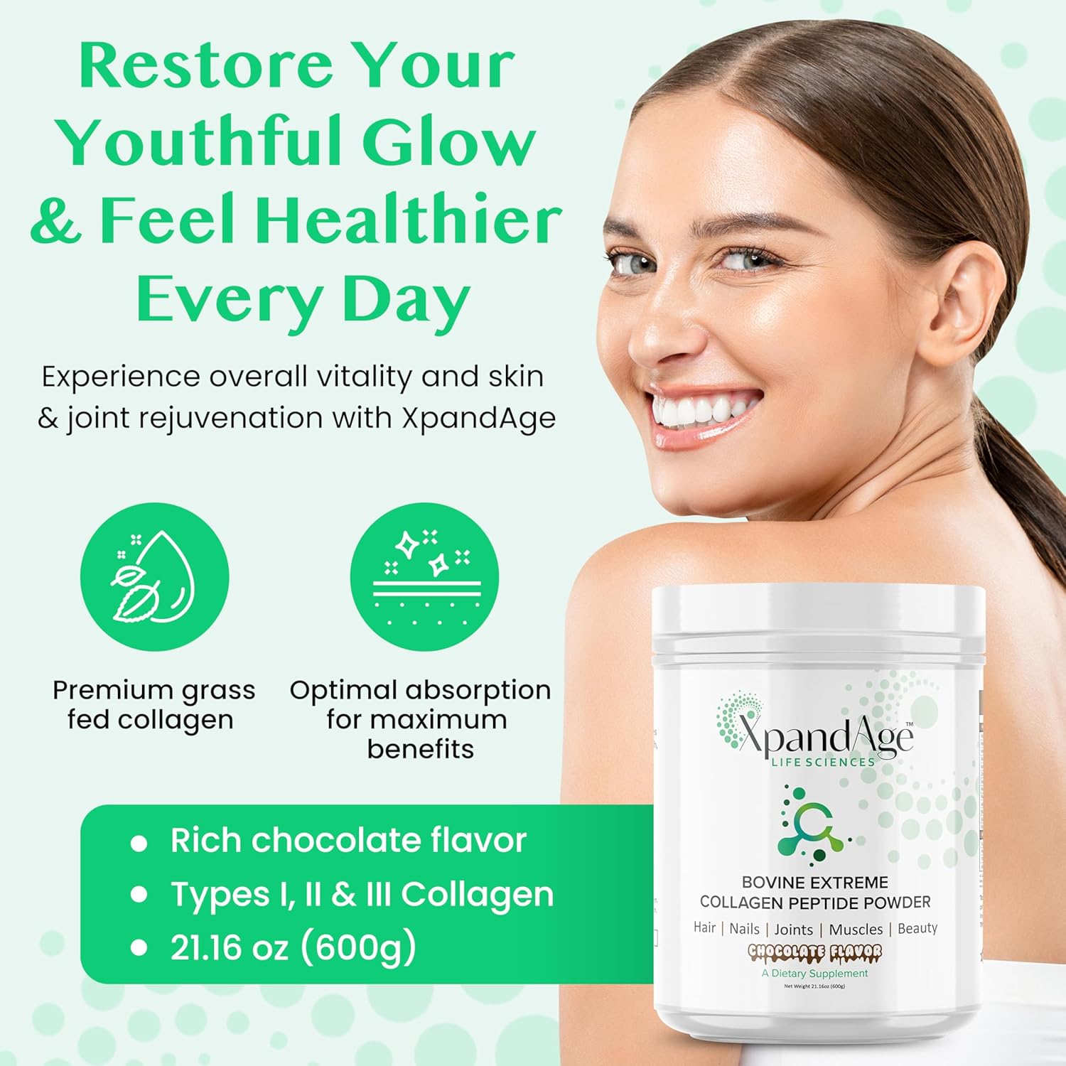 XpandAge Life Sciences Bovine Collagen Peptide Powder with Biotin, Pea, Guarana, and Safed Musli for Hair, Nails, Energy, Muscle, and Joint Health - Bitter Chocolate Flavor