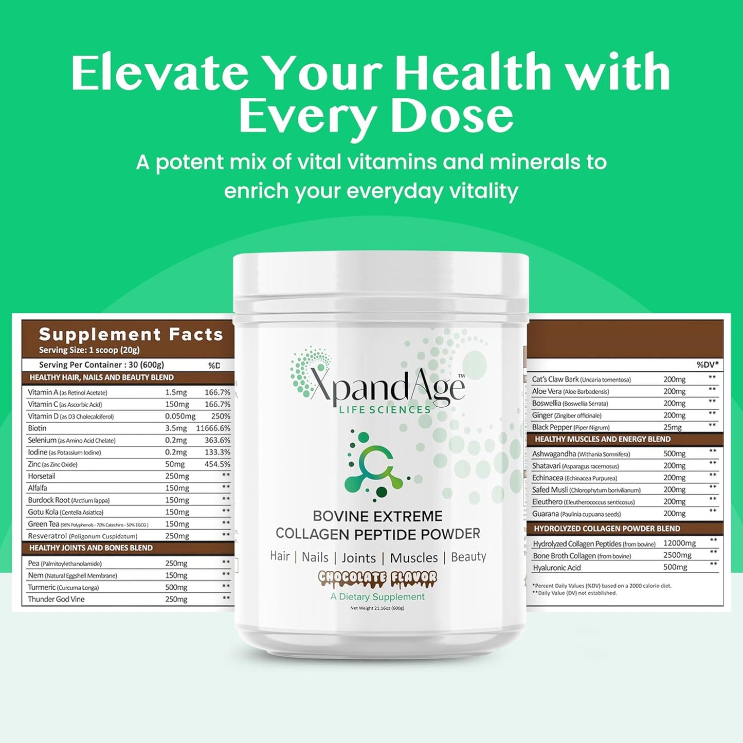 XpandAge Life Sciences Bovine Collagen Peptide Powder with Biotin, Pea, Guarana, and Safed Musli for Hair, Nails, Energy, Muscle, and Joint Health - Bitter Chocolate Flavor
