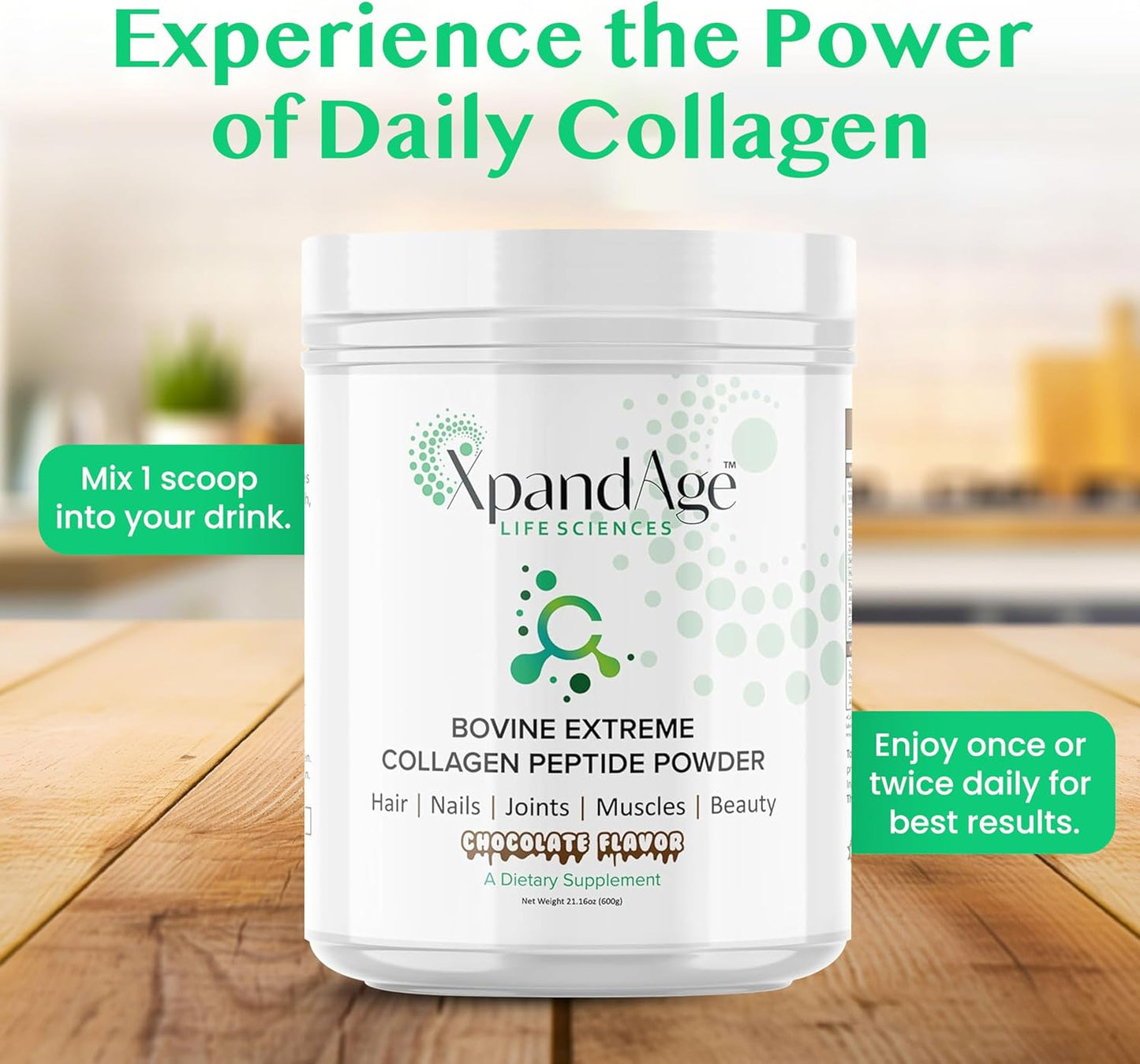 XpandAge Life Sciences Bovine Collagen Peptide Powder with Biotin, Pea, Guarana, and Safed Musli for Hair, Nails, Energy, Muscle, and Joint Health - Bitter Chocolate Flavor