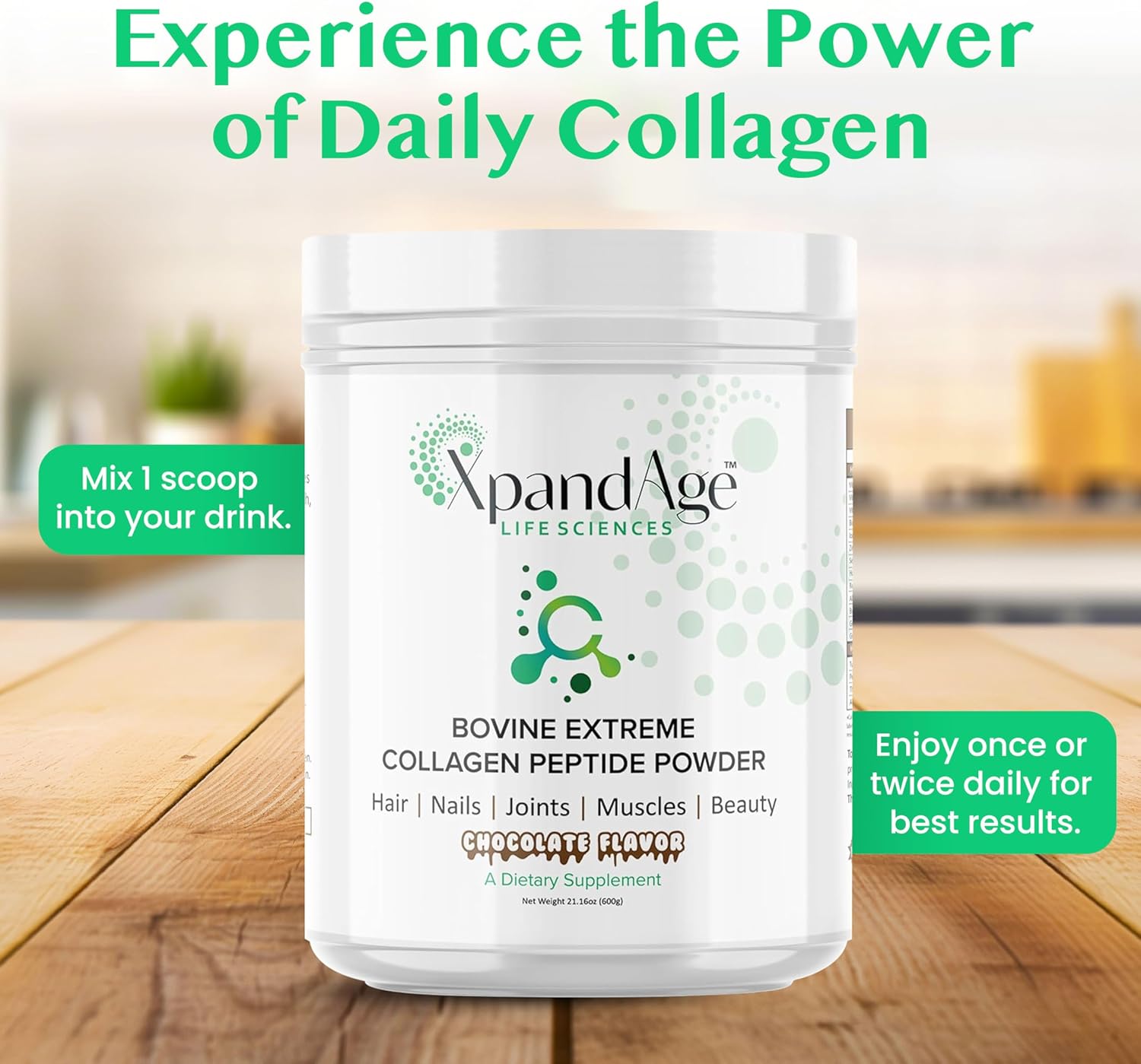 XpandAge Life Sciences Bovine Collagen Peptide Powder with Biotin, Pea, Guarana, and Safed Musli for Hair, Nails, Energy, Muscle, and Joint Health - Bitter Chocolate Flavor