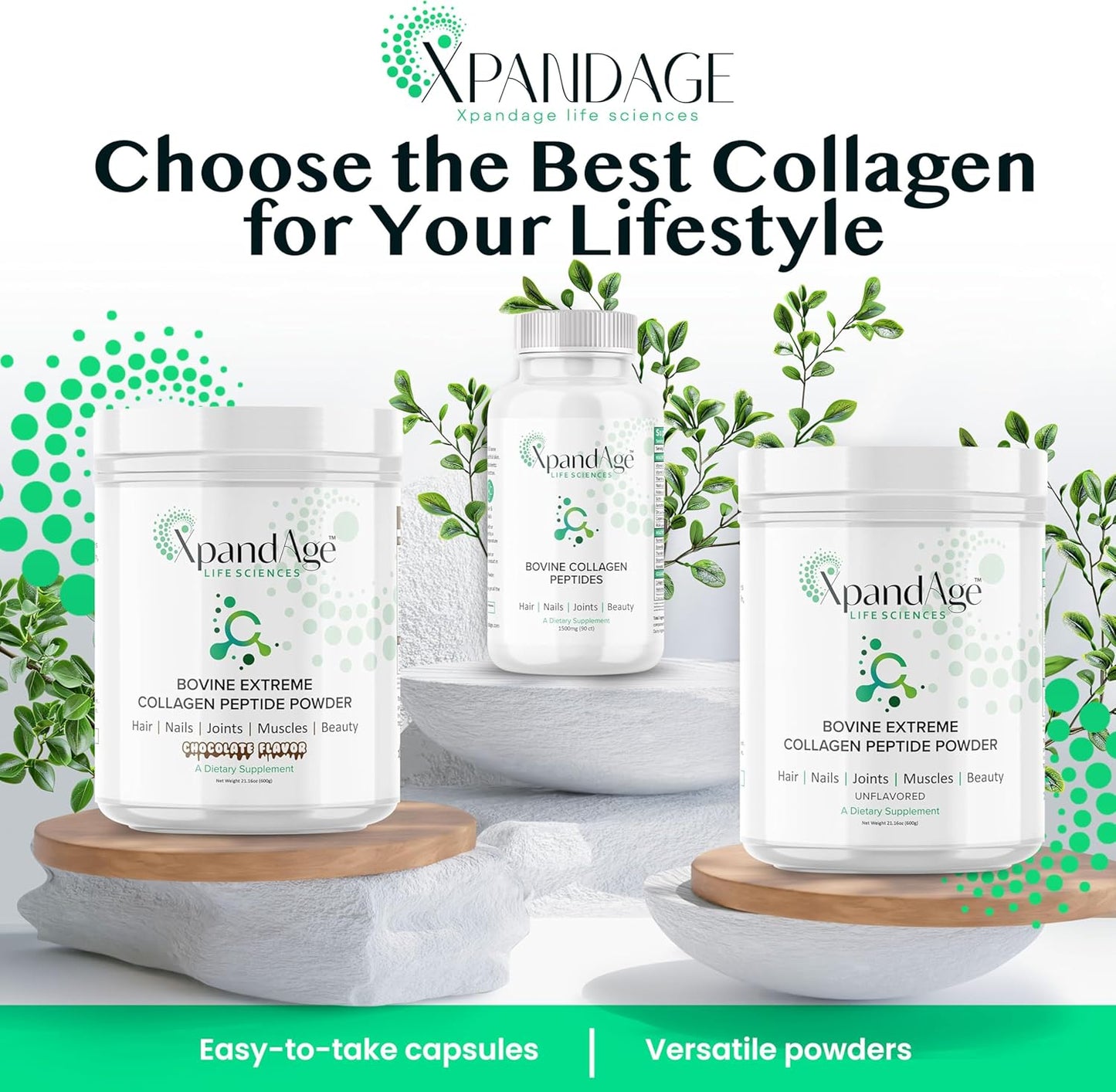 XpandAge Life Sciences Bovine Collagen Peptide Powder with Biotin, Pea, Guarana, and Safed Musli for Hair, Nails, Energy, Muscle, and Joint Health - Bitter Chocolate Flavor