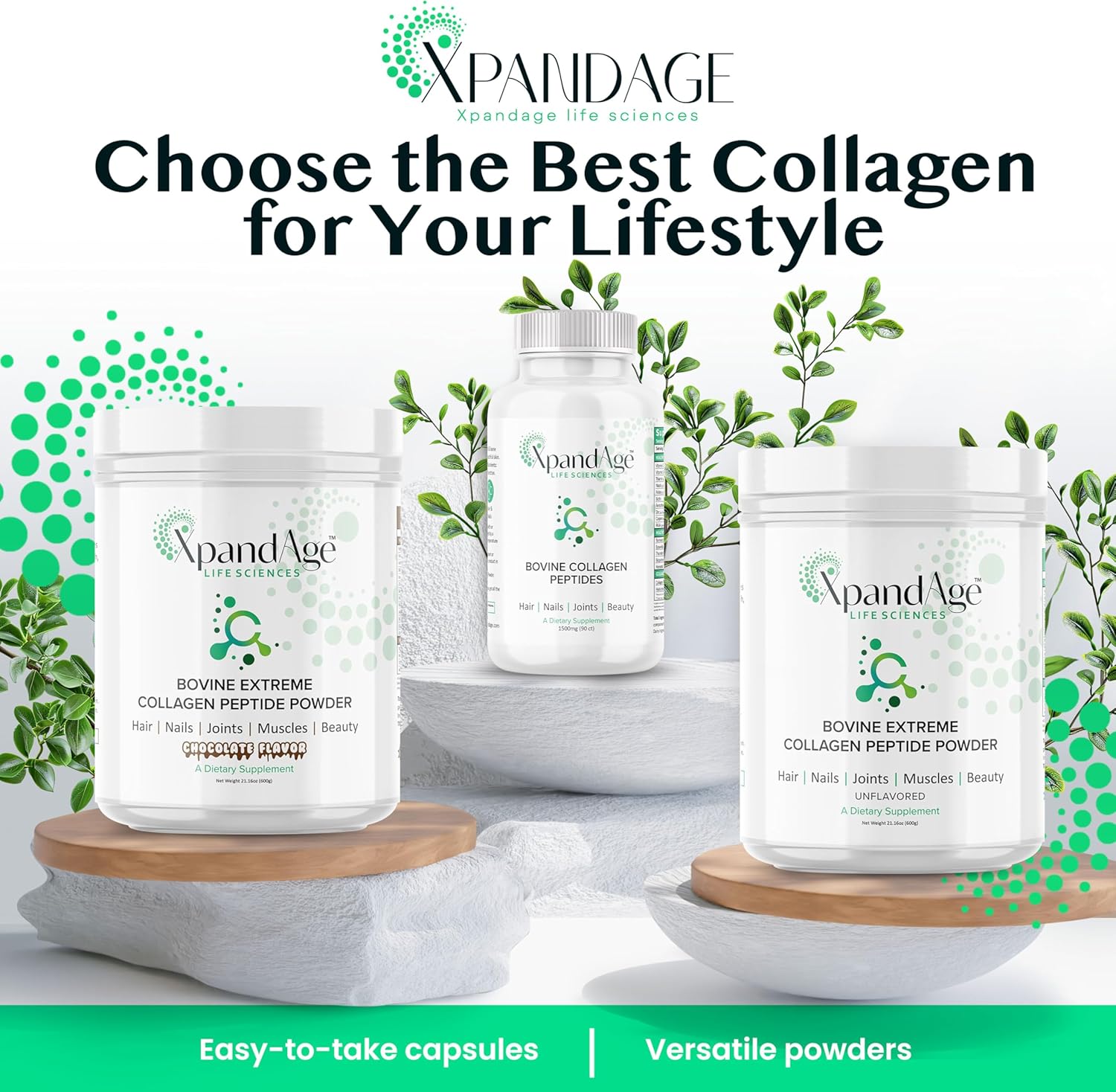 XpandAge Life Sciences Bovine Collagen Peptide Powder with Biotin, Pea, Guarana, and Safed Musli for Hair, Nails, Energy, Muscle, and Joint Health - Bitter Chocolate Flavor