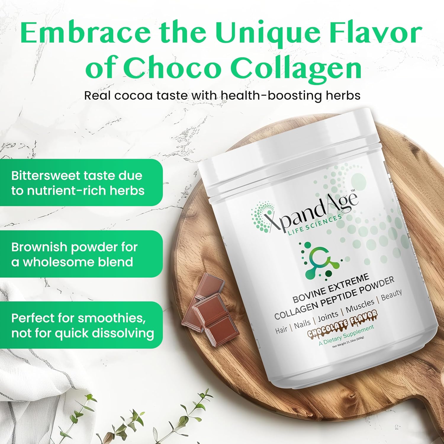 XpandAge Life Sciences Bovine Collagen Peptide Powder with Biotin, Pea, Guarana, and Safed Musli for Hair, Nails, Energy, Muscle, and Joint Health - Bitter Chocolate Flavor