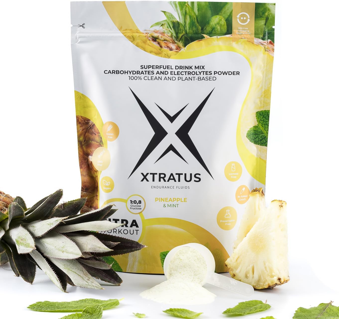 Xtratus Endurance Fluids Pineapple and Mint Super Fuel Drink Mix - Intra Training Supplement with Carbs and Electrolytes, Real Fruit, Vegan - 35.27 Oz.