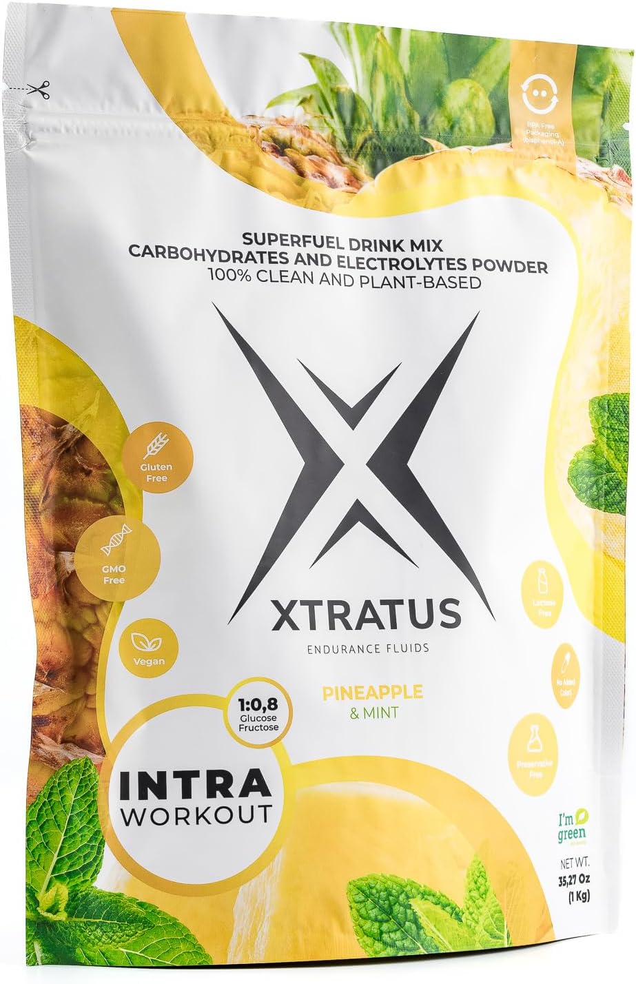 Xtratus Endurance Fluids Pineapple and Mint Super Fuel Drink Mix - Intra Training Supplement with Carbs and Electrolytes, Real Fruit, Vegan - 35.27 Oz.