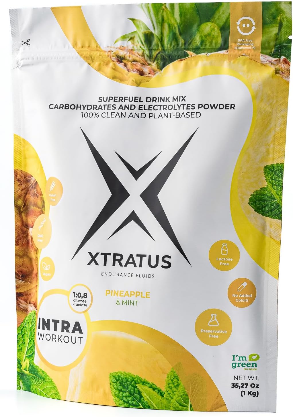 Xtratus Endurance Fluids Pineapple and Mint Super Fuel Drink Mix - Intra Training Supplement with Carbs and Electrolytes, Real Fruit, Vegan - 35.27 Oz.