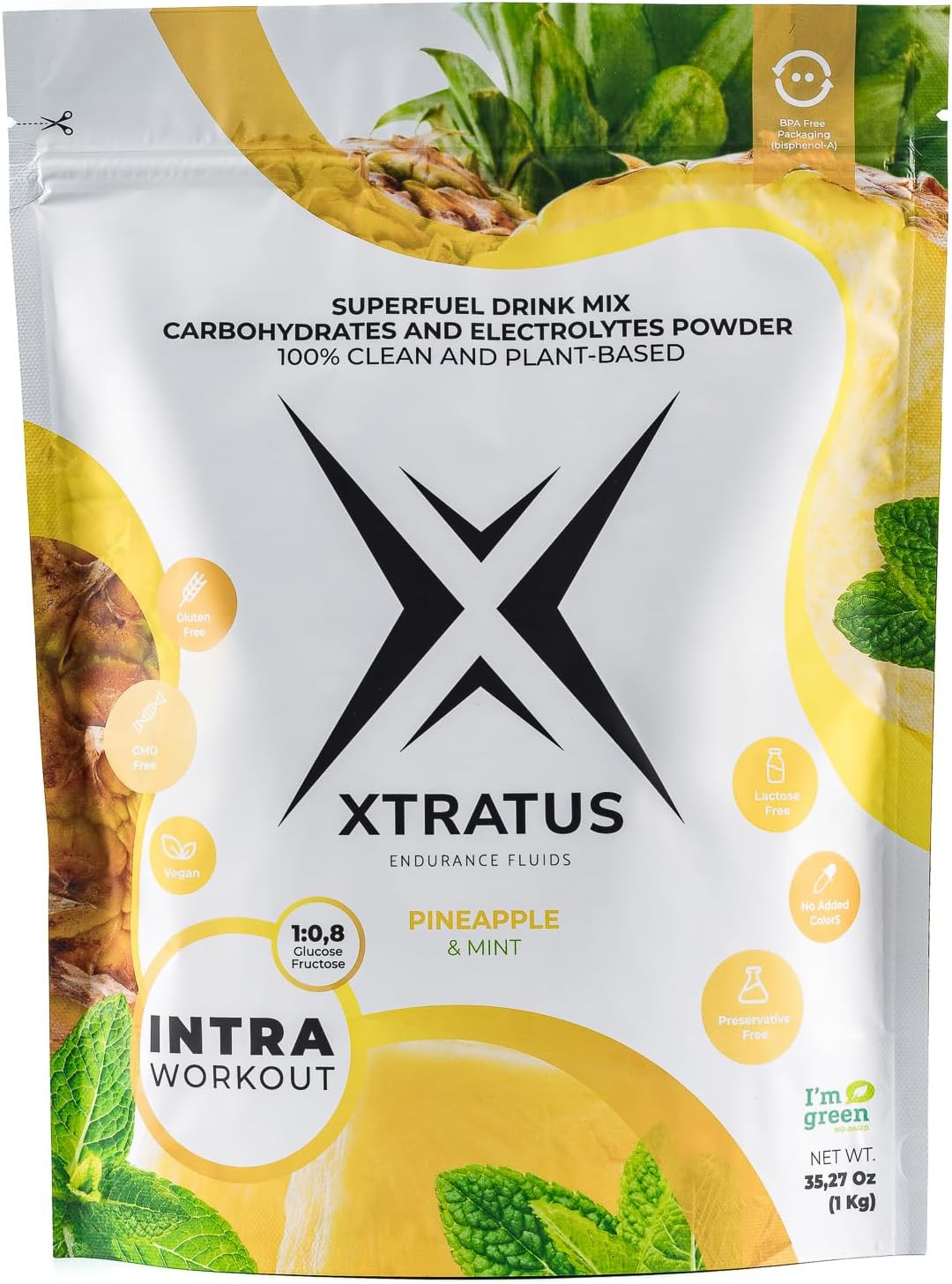 Xtratus Endurance Fluids Pineapple and Mint Super Fuel Drink Mix - Intra Training Supplement with Carbs and Electrolytes, Real Fruit, Vegan - 35.27 Oz.