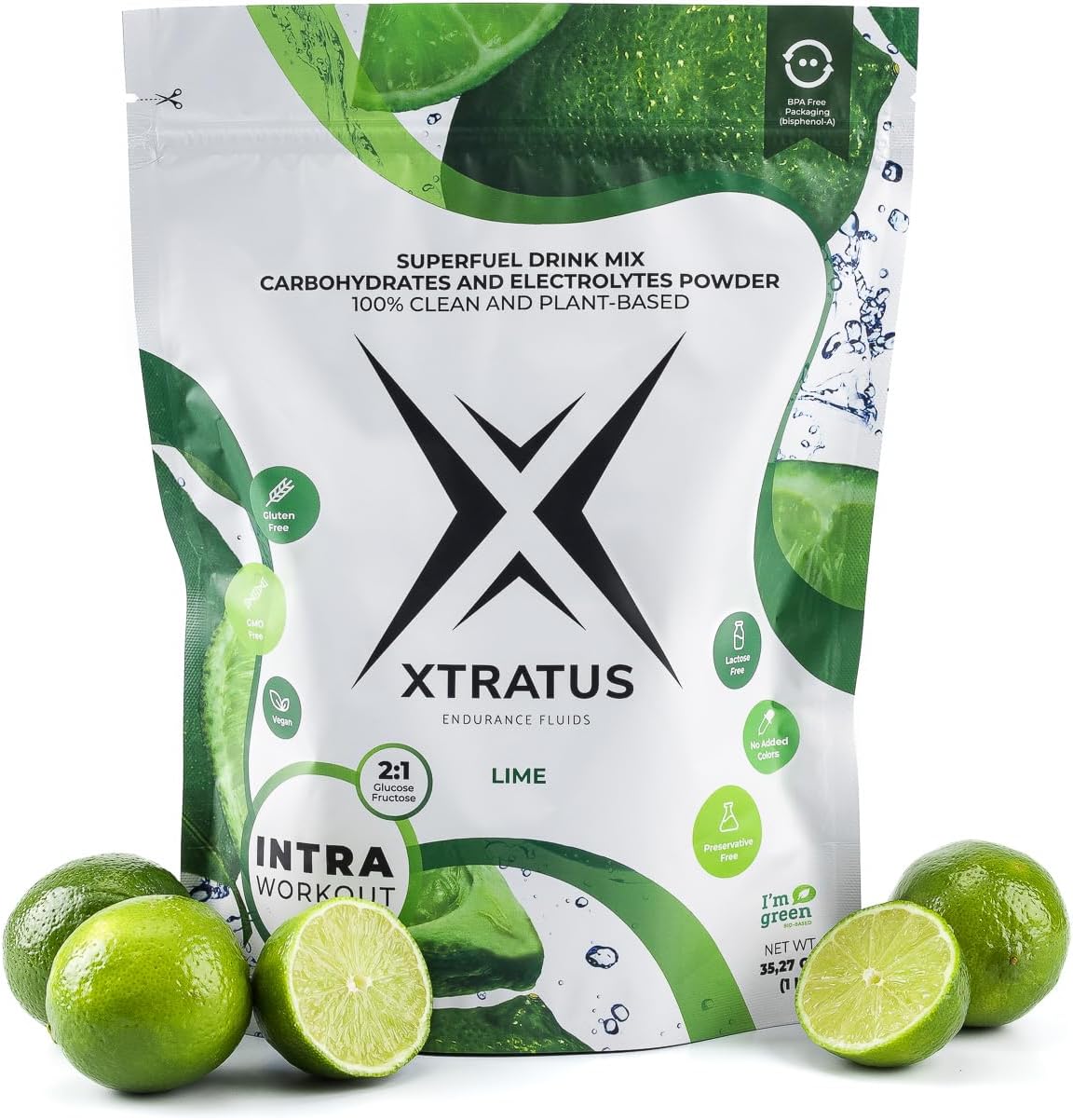 Xtratus Lime Endurance Fluids: Sport Energy Drink Mix with Carbs & Electrolytes, Real Lime, Gut-Friendly, Vegan - 35.27 Oz.