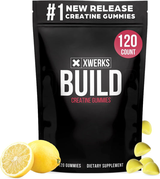 Xwerks Build Creatine Gummies: 120 Count Lemon Flavored Muscle Building Gummy with 100% Pure Creatine Monohydrate for Men & Women - Pre Workout Anti-Melting Formula (4g per Serving)
