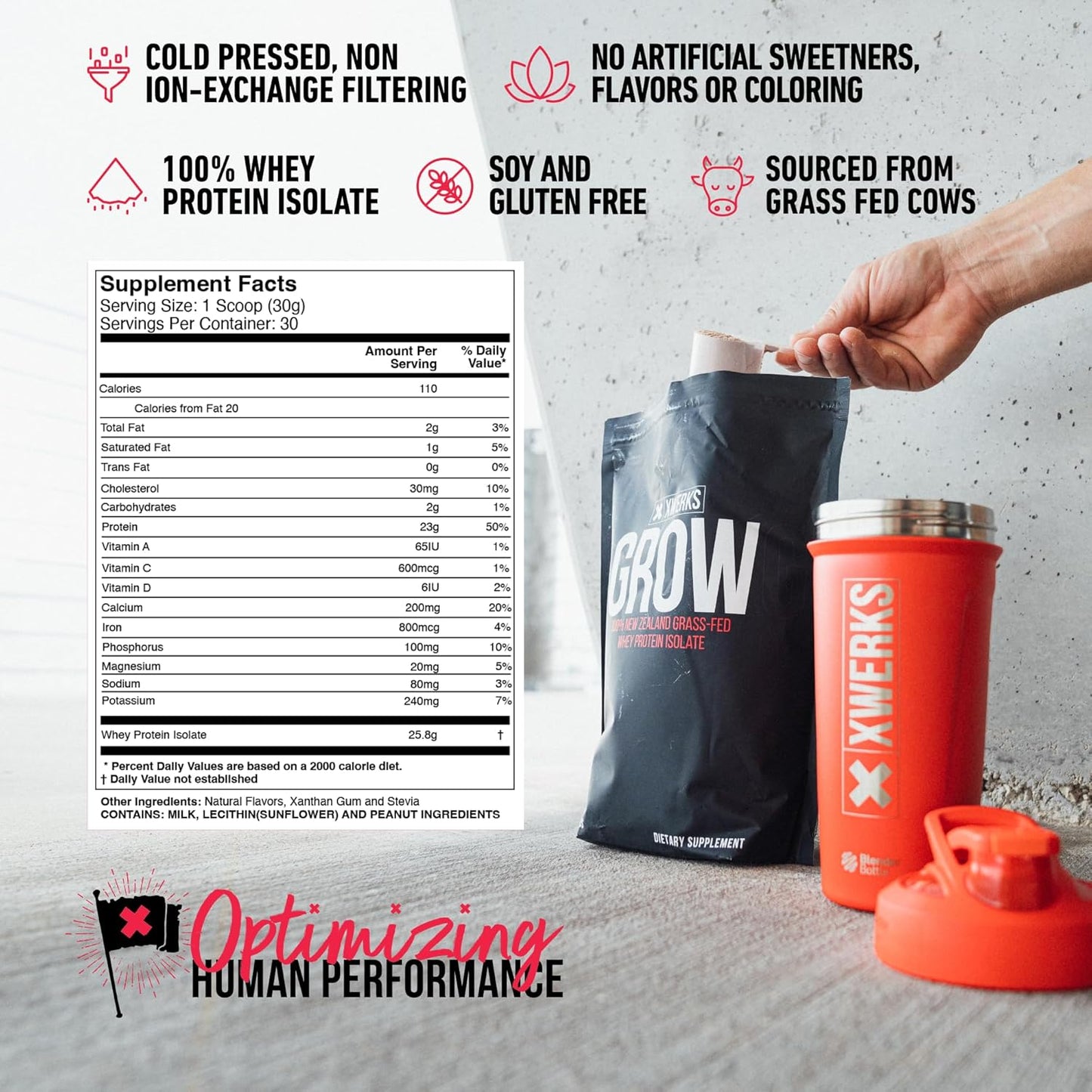 Xwerks Grow Grass-Fed Whey Protein Isolate Powder (30 Servings) - 23g Protein, All-Natural, Paleo & Keto-Friendly - Peanut Butter Flavor