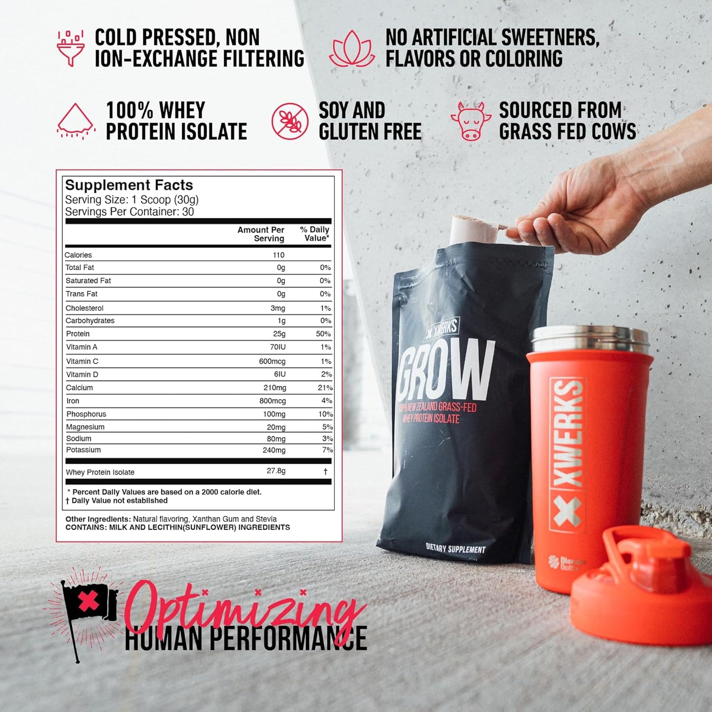 Xwerks Grow Grass-Fed Whey Protein Powder - 30 Servings, 25g Isolate Protein (Chocolate Flavor), All-Natural, Paleo & Keto-Friendly