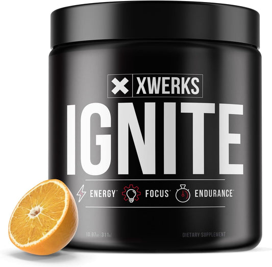 Xwerks Ignite Orange Pre-Workout Powder - Natural Keto Blend with 150mg Caffeine for Explosive Energy and Endurance, Gluten-Free 30 Servings