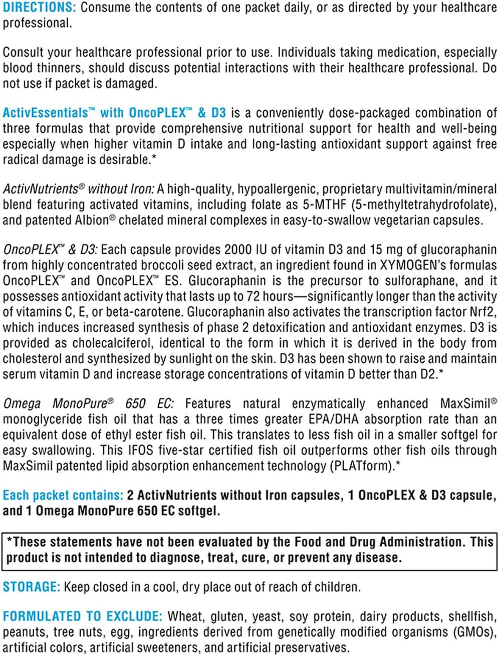 XYMOGEN ActivEssentials with OncoPLEX & D3 - Daily Dose Pack Nutrition - Multivitamin, Vitamin D3, Omega-3 Fish Oil (60 Packets)