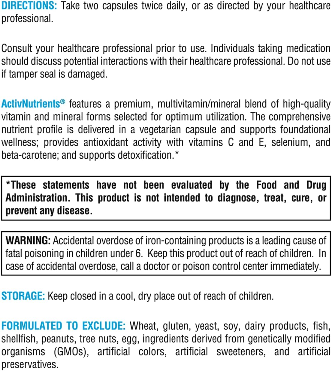 XYMOGEN ActivNutrients: Multivitamin Multimineral with Iron, Copper, Chelated Minerals, B Vitamins, Folate - Wellness, Immune, Energy, Mood - 240 Capsules