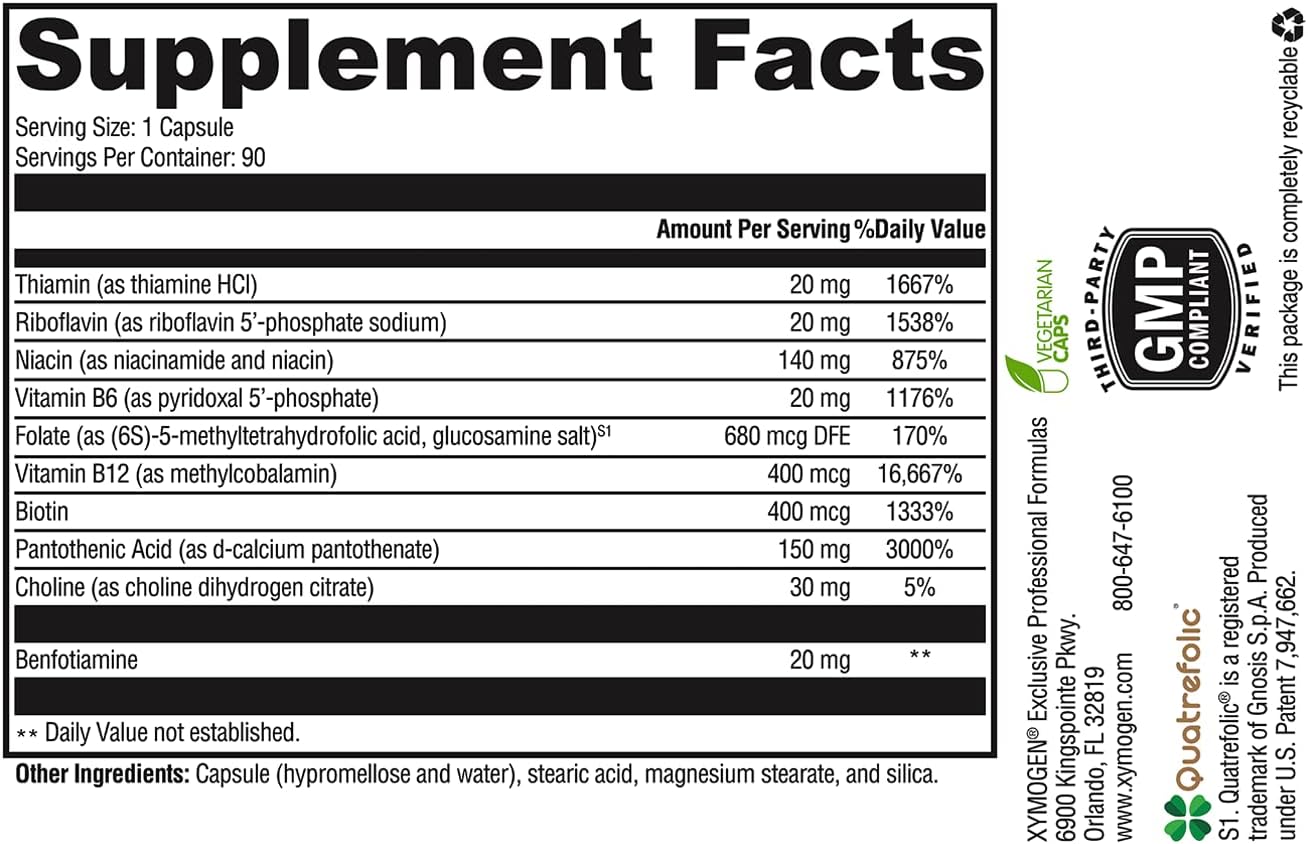 XYMOGEN B Activ Vitamin B Complex with Benfotiamine, Methylfolate, Biotin, Vitamin B6 - Energy & Mood Support Supplement (90 Capsules)