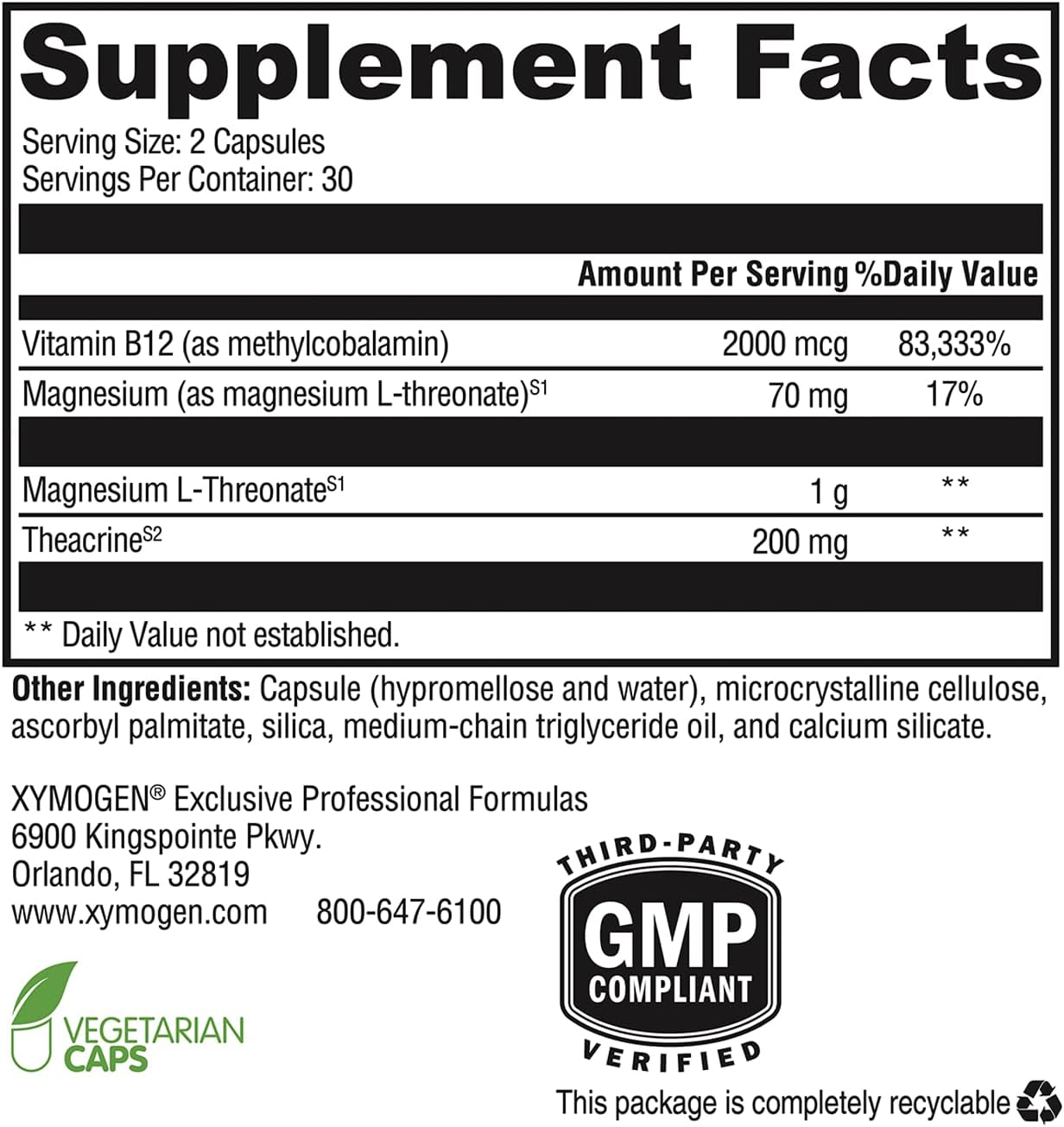 XYMOGEN Cogniquil - Cognitive Support with Magnesium L-Threonate, Theacrine, and Vitamin B12 (60 Capsules)