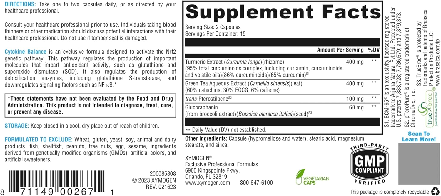 XYMOGEN Cytokine Balance Capsules - Antioxidant & Detox Support with Green Tea, Turmeric, Glucoraphanin - 30 Ct.