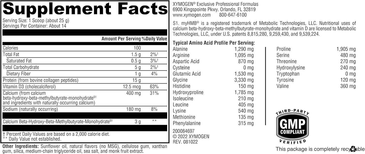 XYMOGEN FIT Food Collagen Powder - Bovine Collagen Peptides with HMB and Vitamin D3 for Joint and Muscle Support - 15g Protein - Vanilla Flavor - 12.35 oz