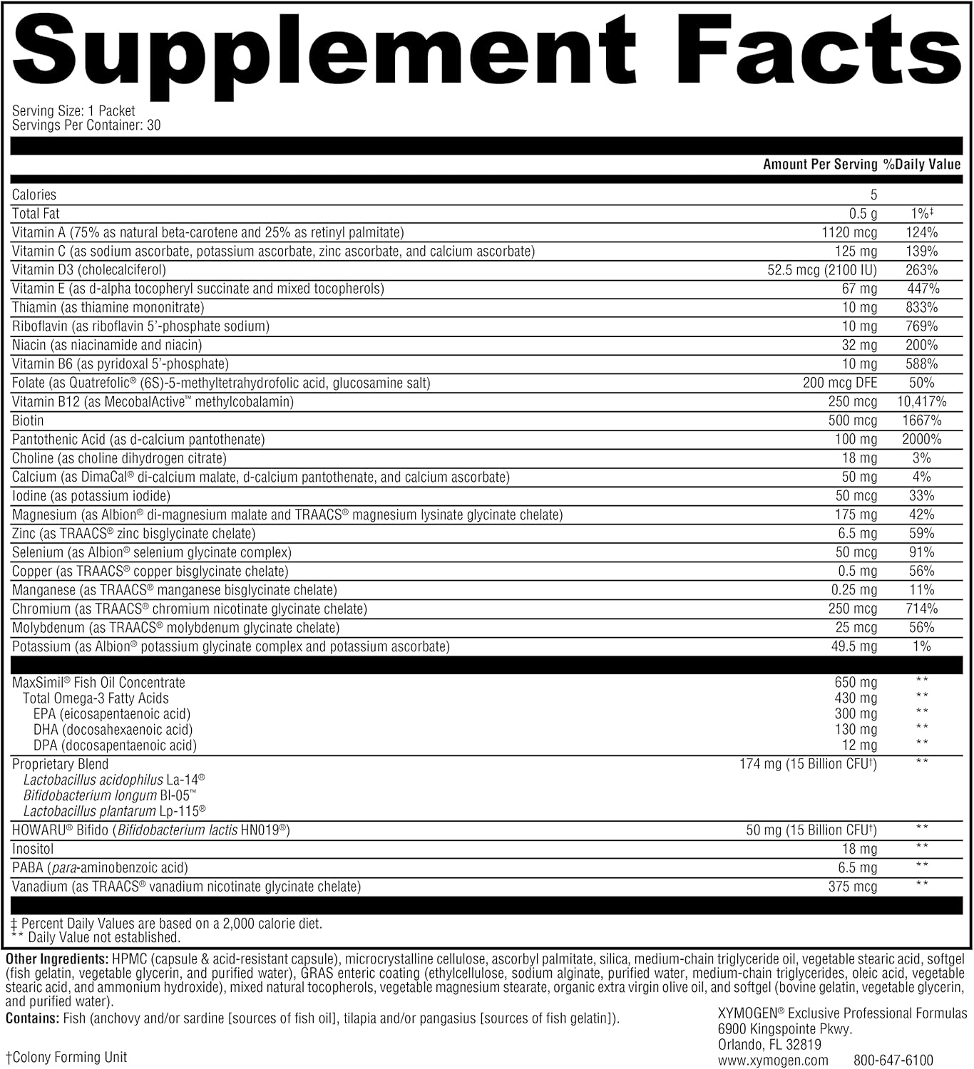 XYMOGEN Foundation Essentials - 5-Pack Probiotic, Multivitamin, Fish Oil, Magnesium + Vitamin D3 (30 Packets)