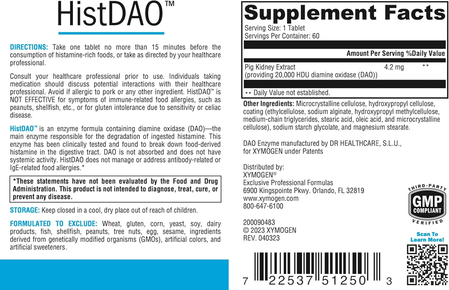XYMOGEN HistDAO - High Diamine Oxidase Enzyme Supplement for Digestive Health - Supports Histamine Degradation - 20,000 HDU - 60 Tablets