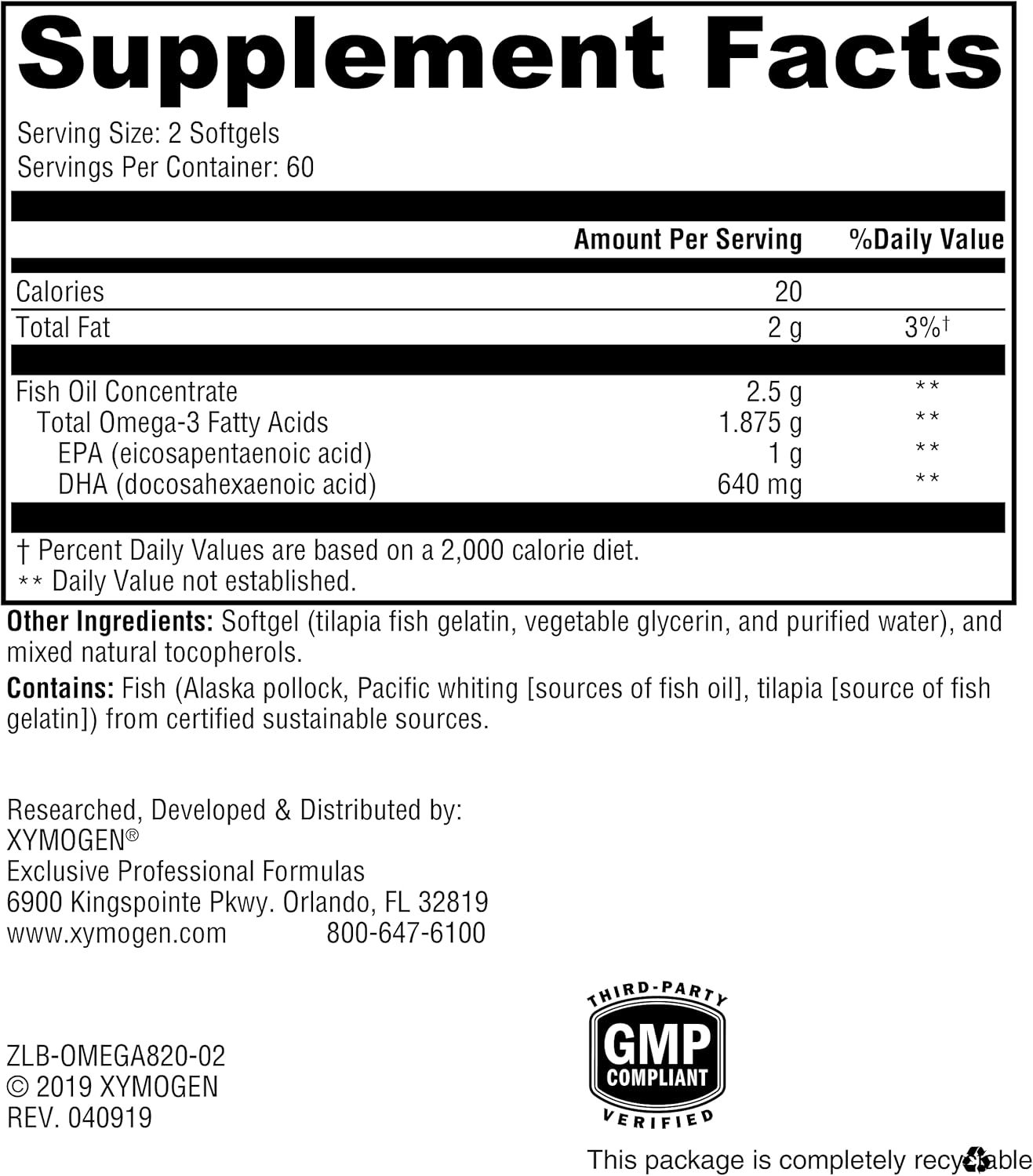 XYMOGEN OmegaPure 820 - IFOS Five-Star Certified Fish Oil Supplement - DHA EPA Omega-3 for Cardiovascular & Cognitive Support (120 Softgels)