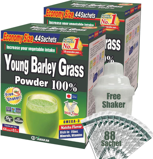 Yamamoto Kanpoh Young Barley Grass Powder with Kale - Japan's Green Superfood for Health & Vitality - 100% Gluten-Free & Vegan - Rich in Vitamins & Minerals - 88 Sachets