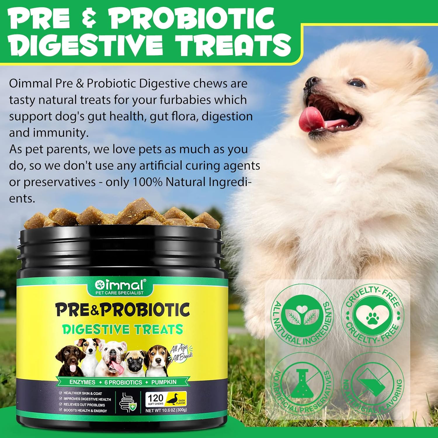 Yecuce Dog Probiotics with Digestive Enzymes and Gut Health Support - 120 Soft Chews, Perking Duck Flavor for Itchy Skin, Allergies, and Immune System Balance