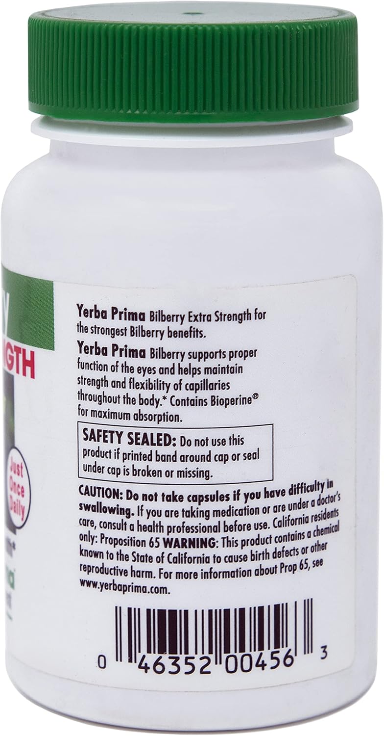 Yerba Prima Bilberry Extra Strength Capsules - Promotes Eye Health, Maximum Absorption, One Pill Daily, USA Made, Trusted Brand