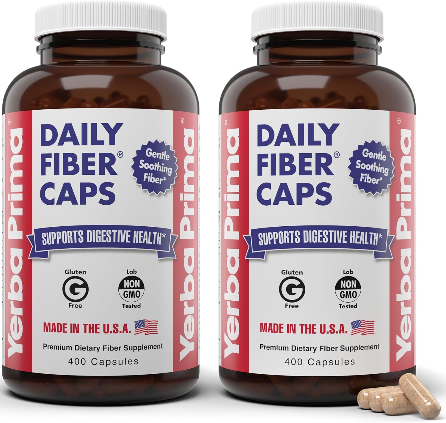 Yerba Prima Daily Fiber Caps Formula 800 Capsules - Psyllium Seed Husks, Acacia Gum, Apple Fiber Supplement Pack