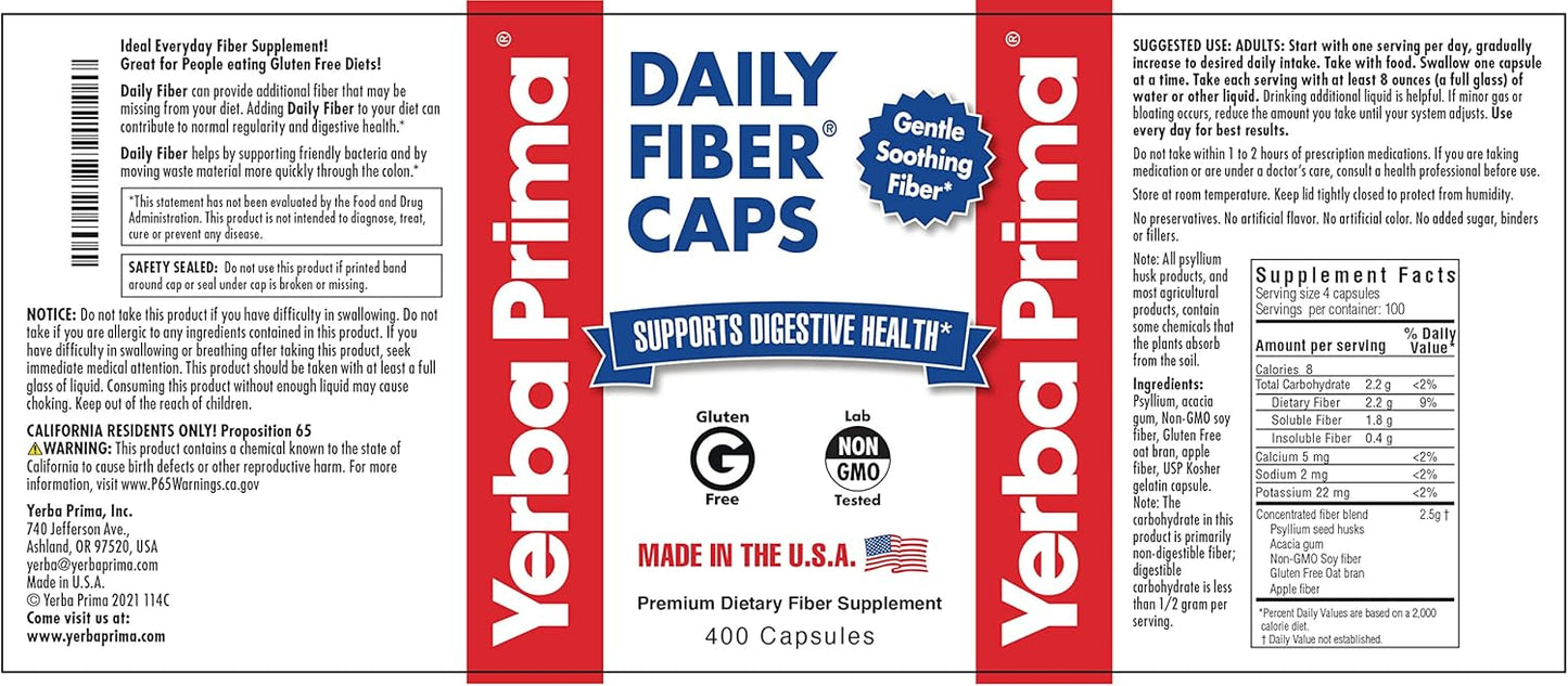 Yerba Prima Daily Fiber Capsules - 400 Caps - Soluble & Insoluble - Psyllium Seed Husks, Acacia Gum, Apple Fiber - Dietary Supplement