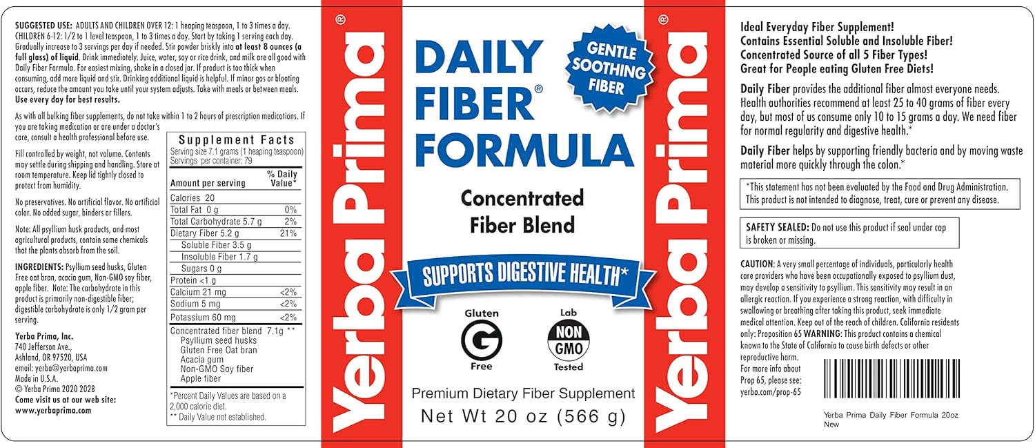 Yerba Prima Daily Fiber Formula 20 oz Powder Pack of 2 Unflavored Concentrated Blend Psyllium Seed Husks Acacia Gum Apple Fiber Supplement - Colon Cleanser for Regularity