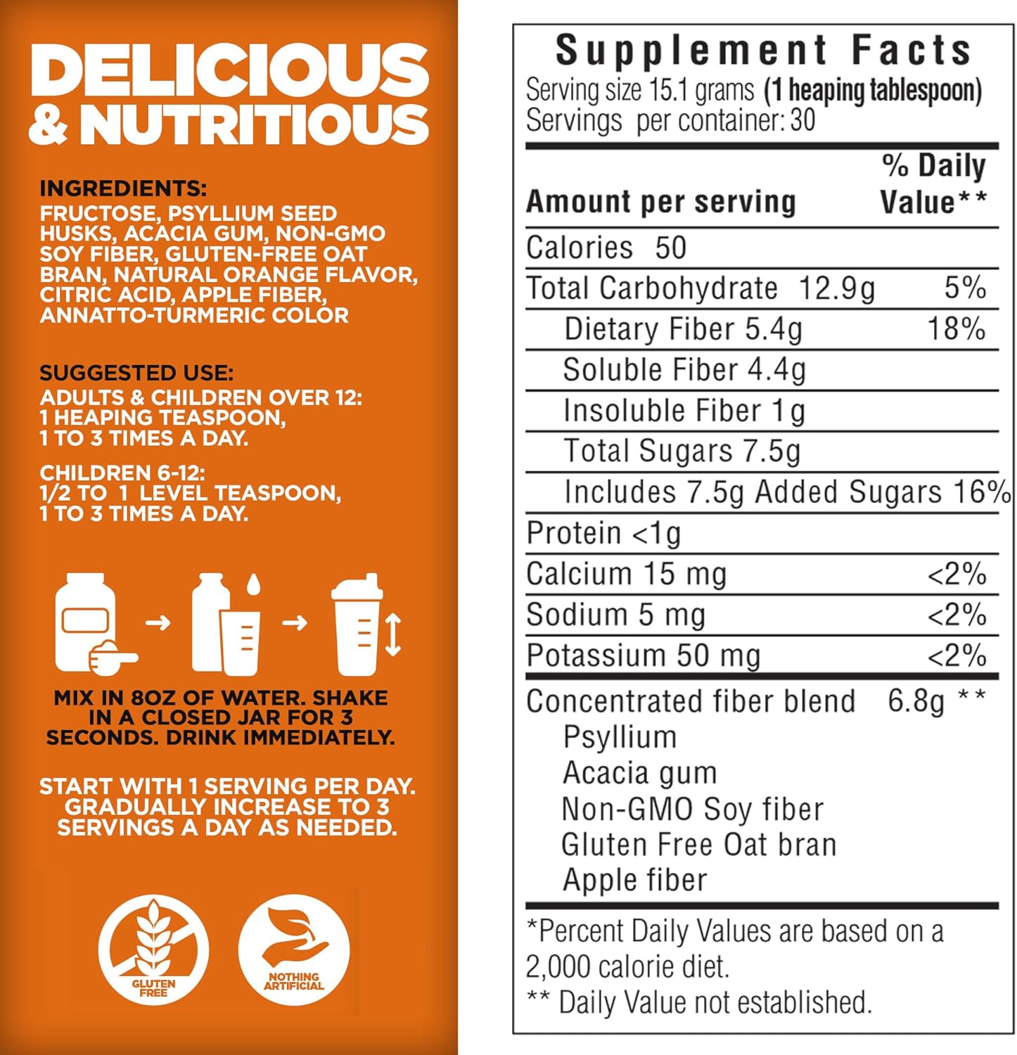 Yerba Prima Daily Fiber Formula 32 oz (2 Pack) - Premium Non-GMO Orange Fiber Supplement, Gluten Free, USA Made