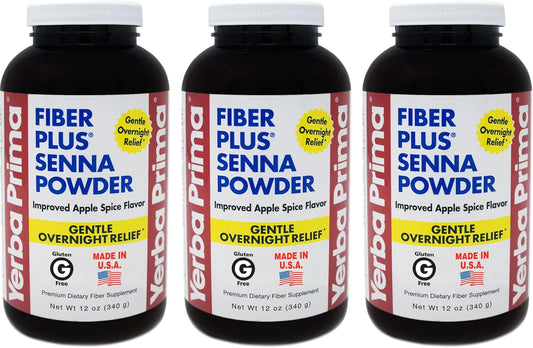Yerba Prima Fiber Plus Senna Powder 12oz (3 Pack) - Apple Spice Flavor, Stevia Sweetened, Overnight Relief, Non-GMO - Promotes Regularity in Short-Term