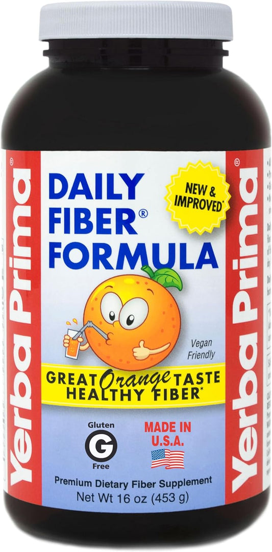 Yerba Prima Orange Daily Fiber Formula Powder - Premium Bulking Supplement with 5 Fiber Types, Supports Regularity, Non-GMO & Gluten Free - 16 oz Made in USA