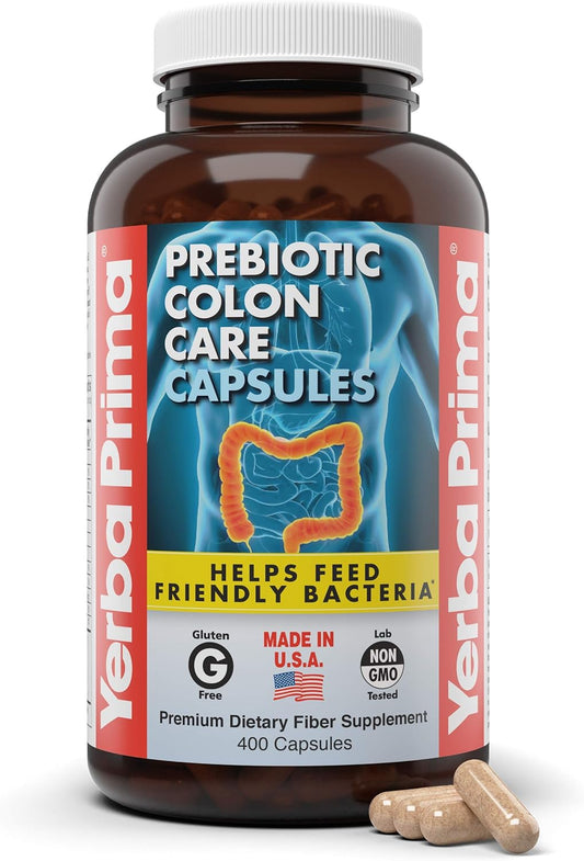 Yerba Prima Prebiotic Colon Care Capsules - 400 Capsules with Five Forms of Fiber and FOS Prebiotics - Dietary Health Supplement for Regularity and Digestive Support