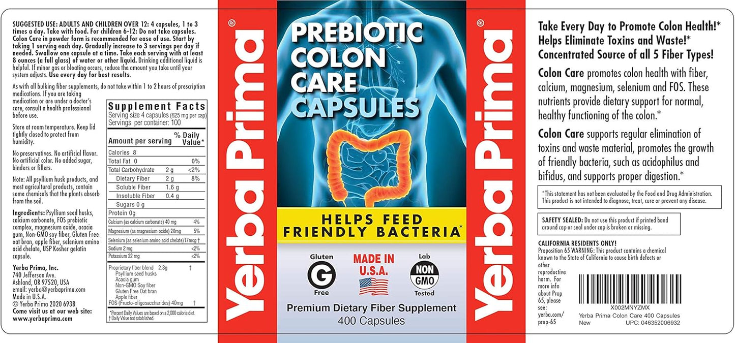 Yerba Prima Prebiotic Colon Care Capsules - 400 Capsules with Five Forms of Fiber and FOS Prebiotics - Dietary Health Supplement for Regularity and Digestive Support