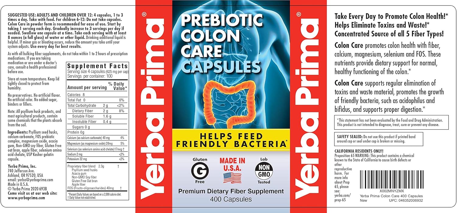 Yerba Prima Prebiotic Colon Care Capsules - 400 Capsules with Five Forms of Fiber and FOS Prebiotics - Dietary Health Supplement for Regularity and Digestive Support