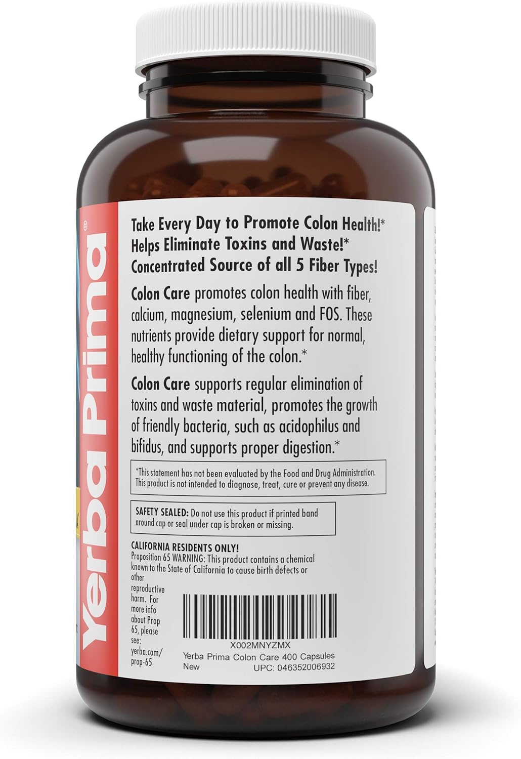 Yerba Prima Prebiotic Colon Care Capsules - 400 Capsules with Five Forms of Fiber and FOS Prebiotics - Dietary Health Supplement for Regularity and Digestive Support