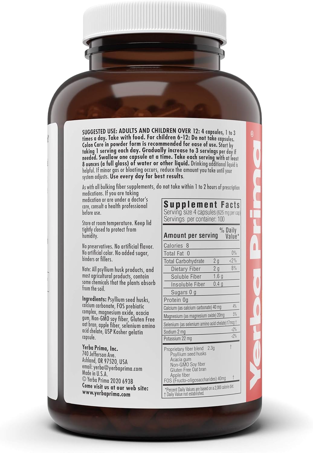 Yerba Prima Prebiotic Colon Care Capsules - 400 Capsules with Five Forms of Fiber and FOS Prebiotics - Dietary Health Supplement for Regularity and Digestive Support
