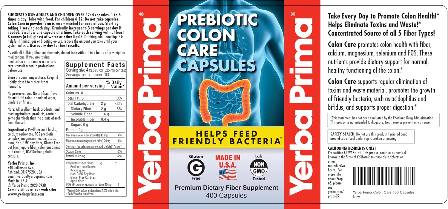 Yerba Prima Prebiotic Colon Care Capsules, 800 Capsules (2 Pack) - Dietary Fiber Supplement for Digestive Support & Regularity