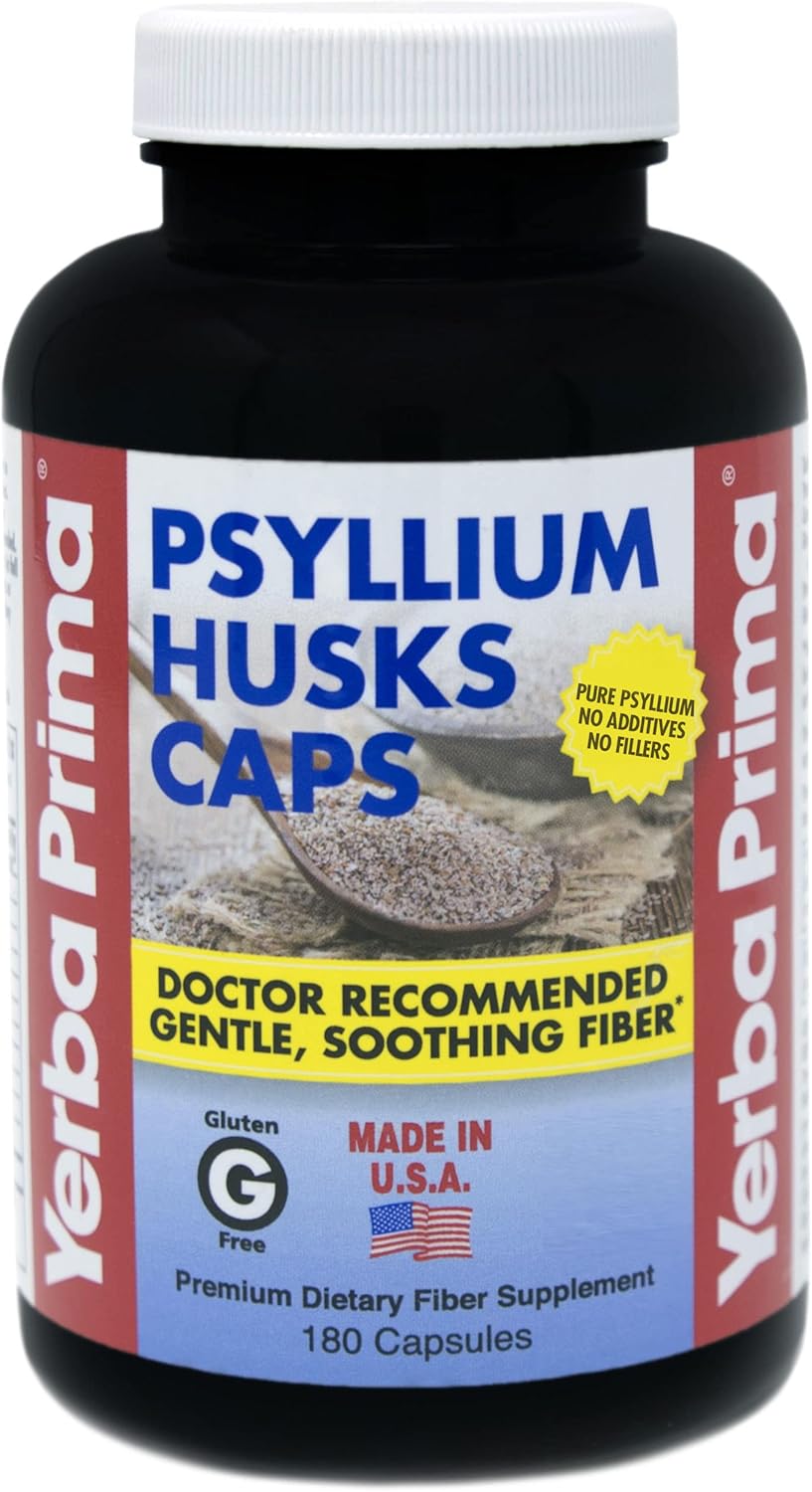 Yerba Prima Psyllium Husk Capsules 625mg - 180 Count - Colon Cleanse Supplement for Gut Health - Non-GMO, Gluten-Free