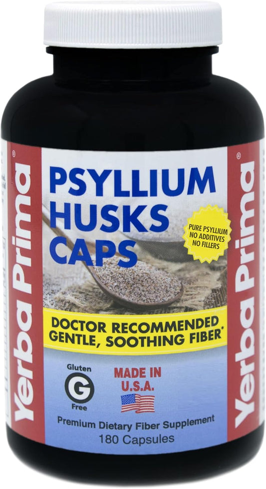Yerba Prima Psyllium Husk Capsules 625mg - 180 Count - Colon Cleanse Supplement for Gut Health - Non-GMO, Gluten-Free