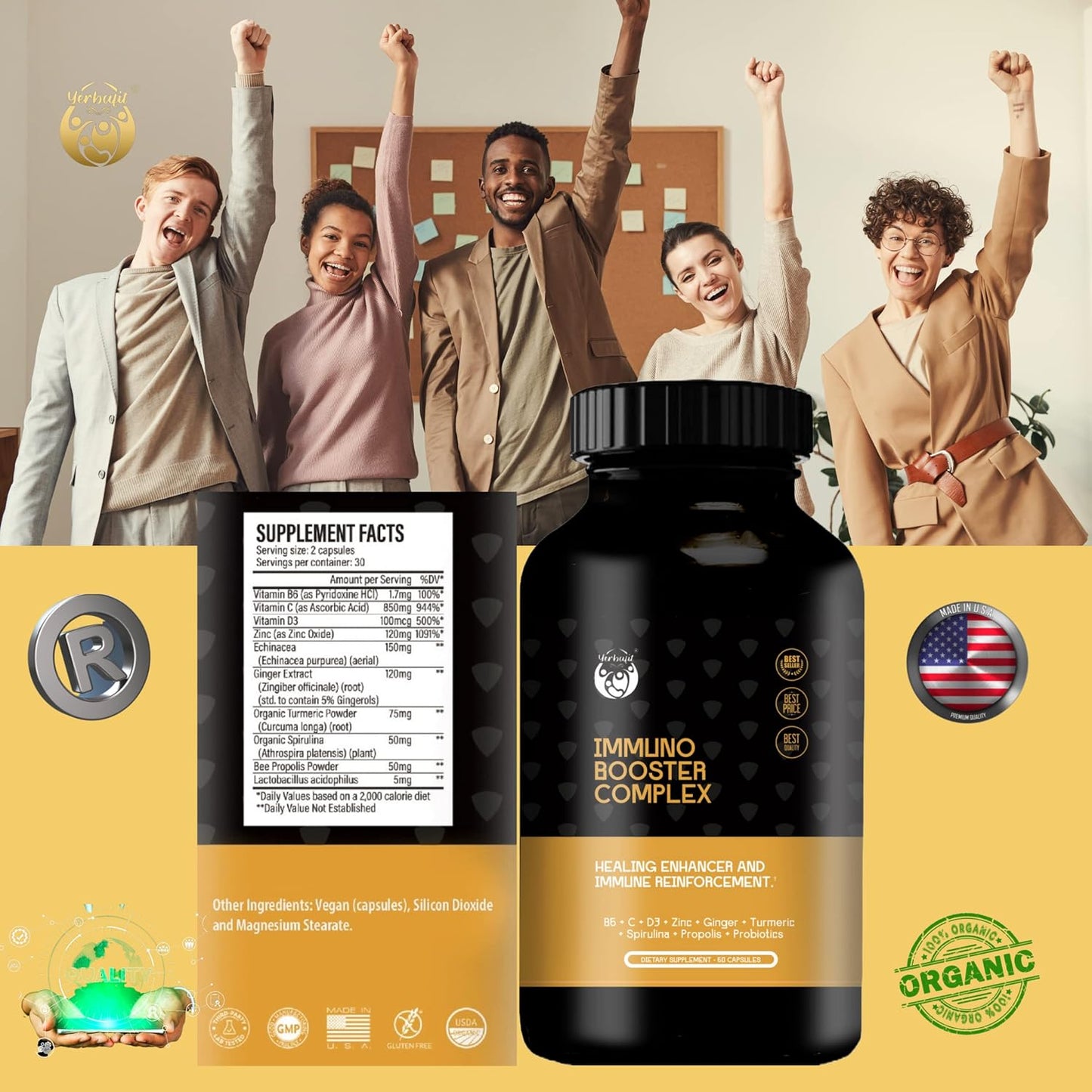 Yerbafit 10-in-1 Immune Support Supplement with Vitamins C, D3, B6, Zinc, Echinacea, Ginger, Turmeric, Spirulina, Propolis, and Probiotics - 60 Capsules