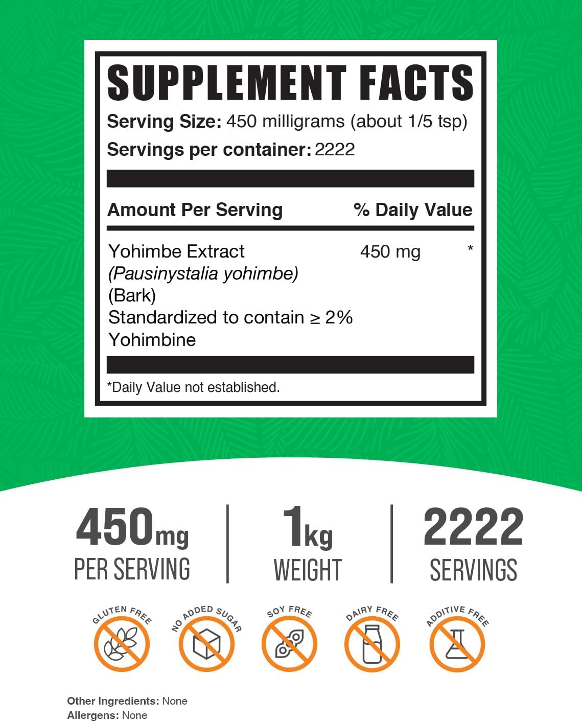Yohimbe Extract Powder - Herbal Supplement, Gluten Free, 450mg per Serving - 1kg (2.2 lbs) Pack - Bulk Yohimbe Bark Supplements