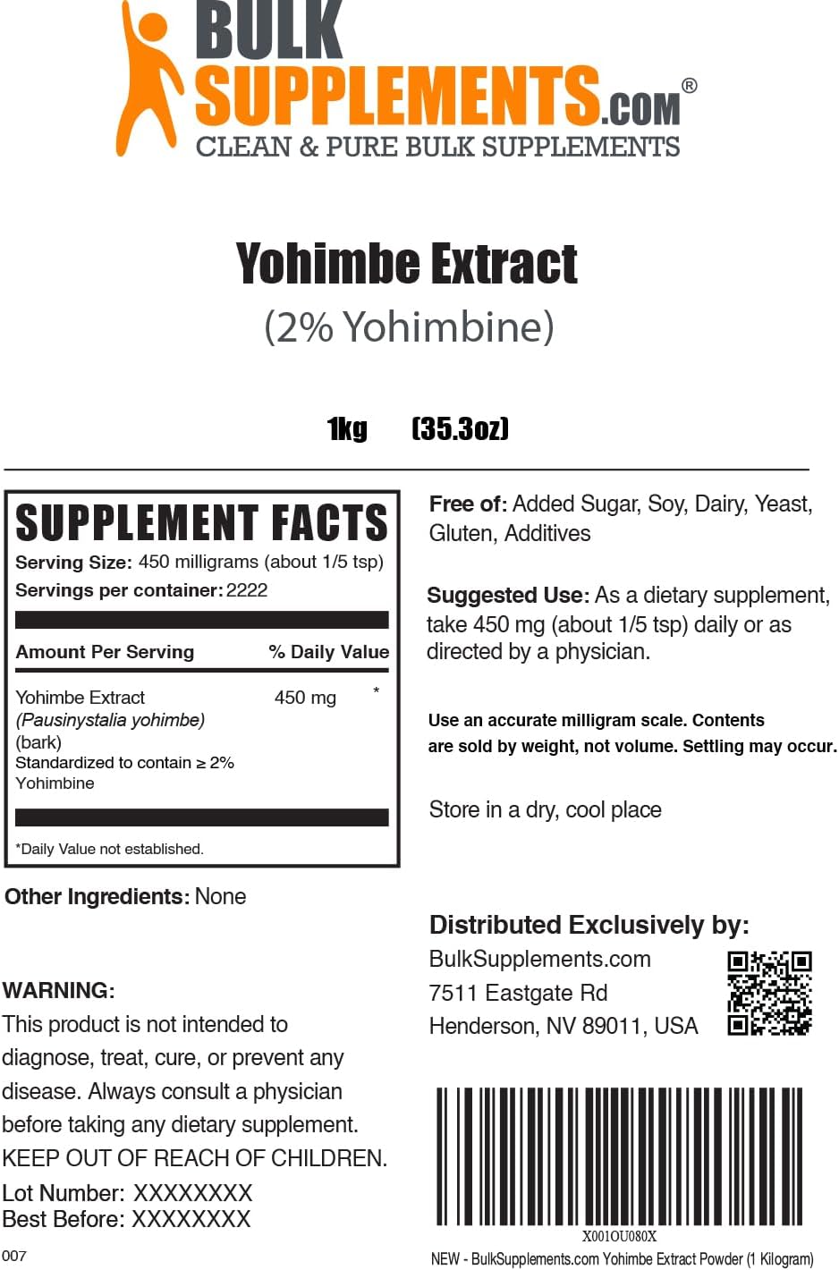 Yohimbe Extract Powder - Herbal Supplement, Gluten Free, 450mg per Serving - 1kg (2.2 lbs) Pack - Bulk Yohimbe Bark Supplements